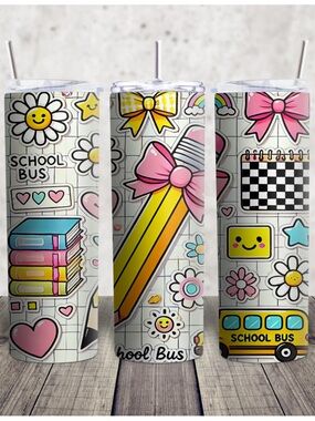 Hand Crafted Pink Yellow Blue School Bus Sticker Tumbler